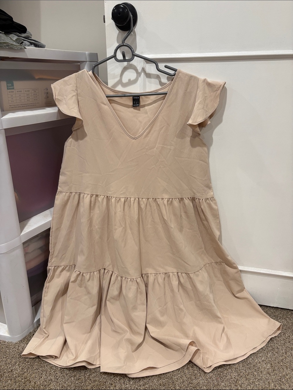 SHEIN Beige Tiered V‑Neck Flutter Sleeve Midi Dress